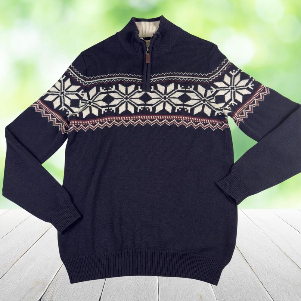 ASPEN 1/4 Zip Sweater Fair Isle Nordic Mock Neck 100% Cotton Winter Mens S